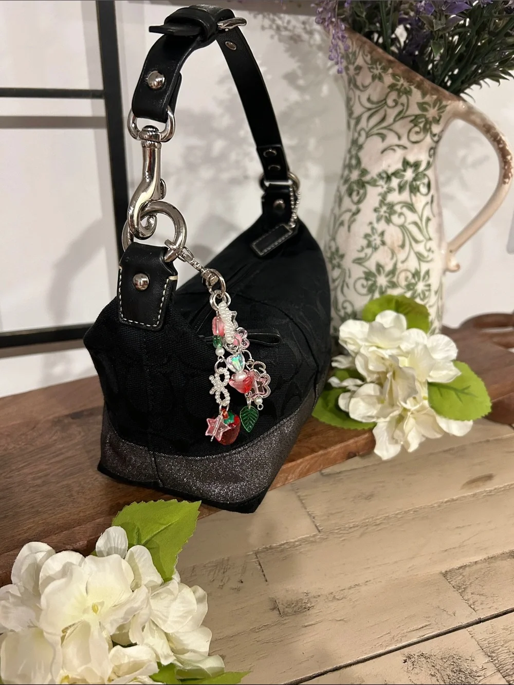 Coach Black Signature Shoulder Bag with Glitter Silver Trim